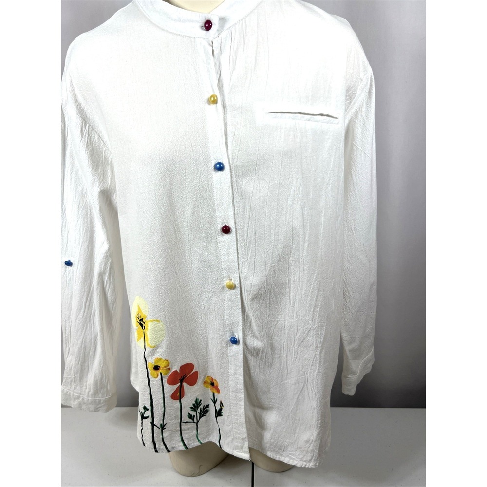 Camisa Women's White Floral Blouse Roll Up Sleeves Pearl Spring Buttons Size XL